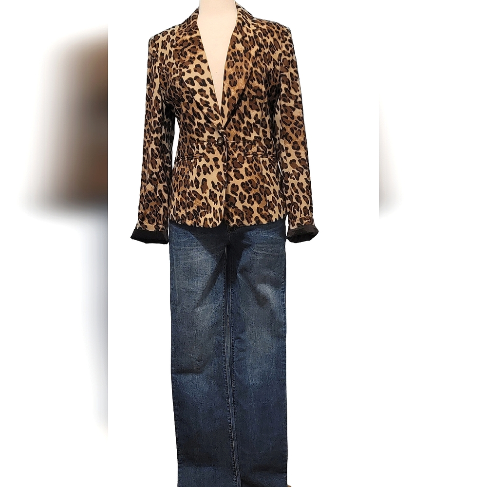 Cache Leopard Animal Print Pocket Button Business Casual Office Blazer